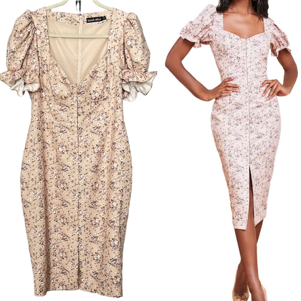 Lavish Alice Blush Floral Midi Dress with Puff Sleeves